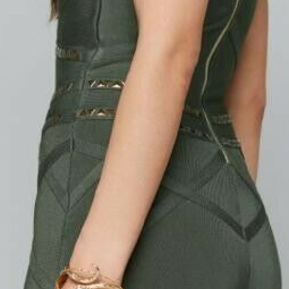 BEBE XS NWT Green Beetle Catsuit Bandage Bodycon Studded Jumpsuit Fetish Punk - Picture 5 of 8